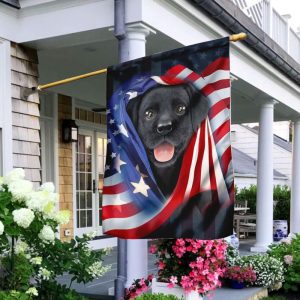 Black Puppy With American US For Indoor Outdoor Decorative Garden House Flag